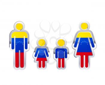 Glossy metal badge icon in man, woman and childrens shapes with Venezuela flag, infographic element isolated on white