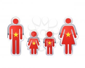 Glossy metal badge icon in man, woman and childrens shapes with Vietnam flag, infographic element isolated on white