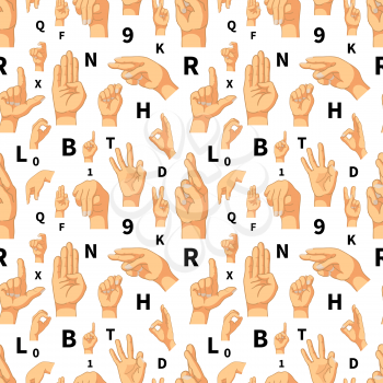 Hand language signs on white, seamless pattern