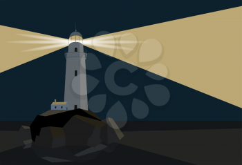 Lighthouse with barn on the rocks by the sea, night time, flat illustration