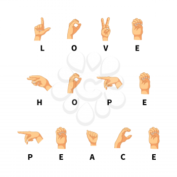 Love, hope and peace words on hand language isolated on white