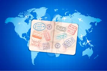 Open foreign passport with international visa stamps on blue modern world map with airline routes