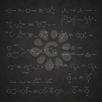Set of basic chemical reaction equations and formulas on school blackboard