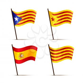 Set of free Catalan, Senyera, Estelada blava and Spain flags on a pole with shadow on white