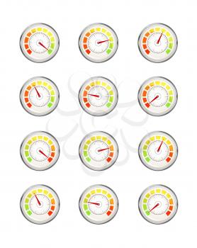 Set of performance measurement with different value, glossy metal speedometer icons isolated on white