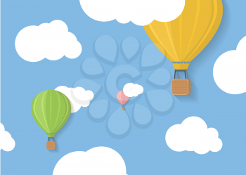 Three coloured aerostats in blue skies with clouds flat illustration