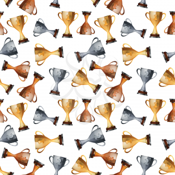 Trophies for top positions, winners cups on white background seamless pattern