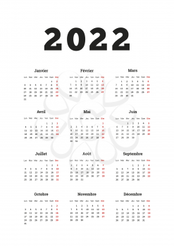 2022 year simple calendar on french language, A4 size vertical sheet on white