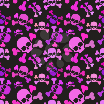 A lot of pink skulls on dark background, emo subculture seamless pattern