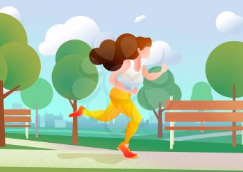 Beautiful young woman run in a urban park with city skyline on the background, concept illustration