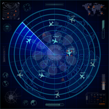 Bright military radar display with with planes traces and target signs on blue