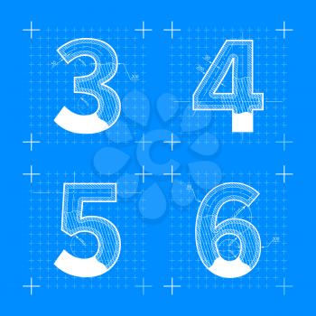 Construction sketches of 3 4 5 6 letters. Blueprint style font.