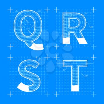 Construction sketches of Q R S T letters. Blueprint style font.