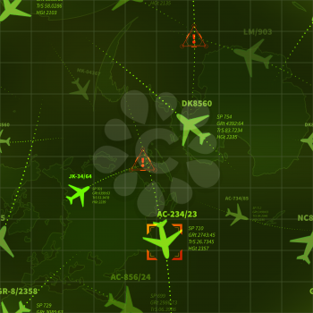 Detailed green military radar with planes traces and targets seamless pattern