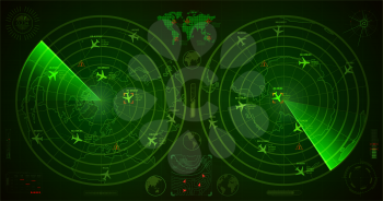 Detailed military radar with two green displays with with planes traces and target sign