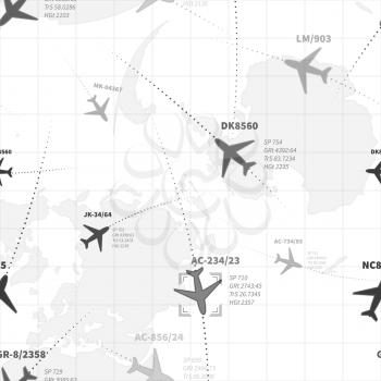 Detailed monochrome radar map with planes, seamless pattern