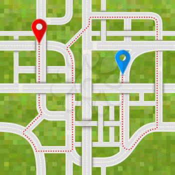 Difficult road junctions with complicated path between GPS pins on grass background, seamless pattern