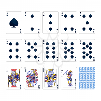 Full set of spades suit playing cards with joker on white
