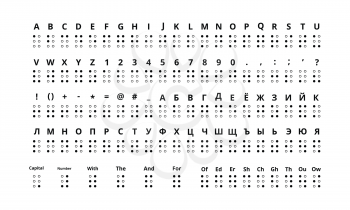 Large set of true size braille signs of latin and cyrillic alphabet include numbers, punctuation and sounds isolated on white.