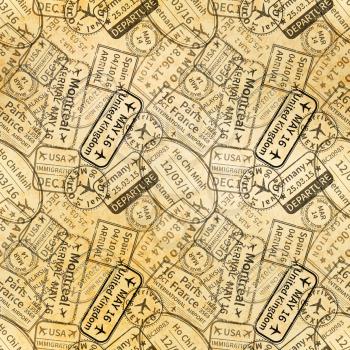 Many black International travel visa rubber stamps imprints on old paper, seamless pattern