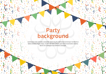 Party background with buntings garlands and confetti on white