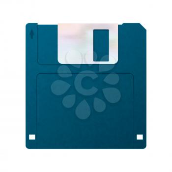 Realistic blue floppy-disk, retro object on white