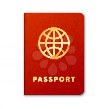 Realistic foreign passport icon with red cover and golden letters isolated on white