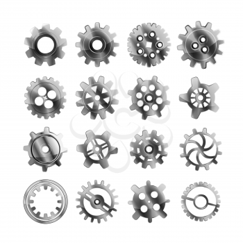 Set of realistic glossy metal cogwheels isolated on white