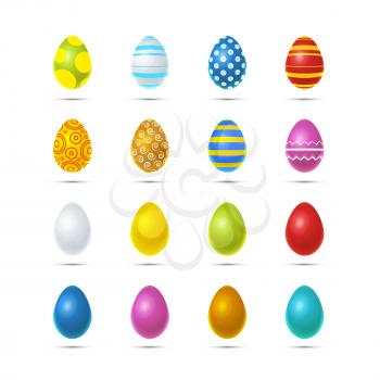 Set of sixteen bright colourful easter eggs isolated on white