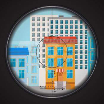 Sniper takes aim at house window in the city, square flat illustration