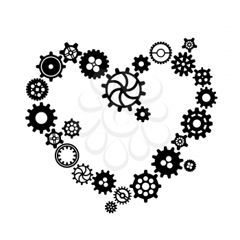 A lot of black different silhouettes of cogwheels in heart shape, steampunk mechanism isolated on white