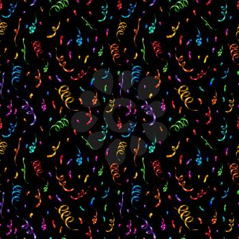 A lot of bright colorful confetti and serpentine on dark background, anniversary party seamless pattern