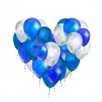 A lot of luxury balloons in blue and white colours in heart shape isolated on white
