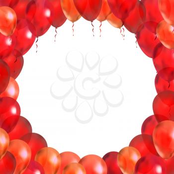 A lot of red balloons in round frame shape on white