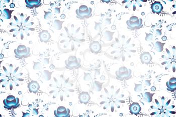 Blue russian gzhel national pattern on white, wide detailed background