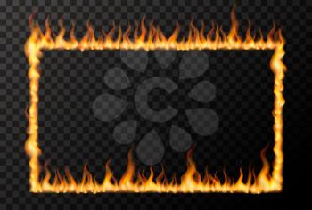 Bright fire flame in rectangle frame shape on transparent background