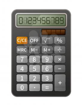 Bright realistic calculator with glossy buttons and electronic display isolated on white