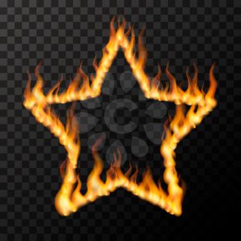 Bright realistic fire flames in star frame shape, hot love concept on transparent background