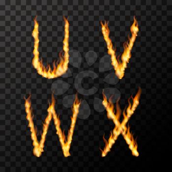 Bright realistic fire flames in U V W X letters shape, hot font concept on transparent background