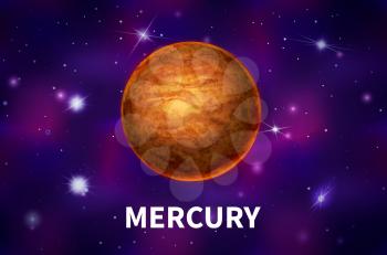 Bright realistic Mercury planet on colorful deep space background with bright stars and constellations