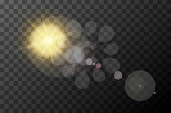 Bright realistic sunbeams effect with lens flare on transparent background