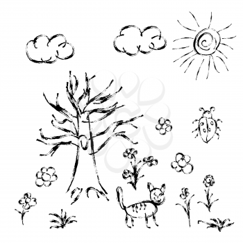 Cute child's hand drawn meadow with flowers and cat isolated on white