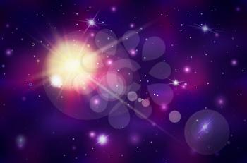 Deep purple space background with bright star and lens flare