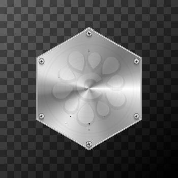 Glossy metal industrial plate in hexagon shape on transparent background