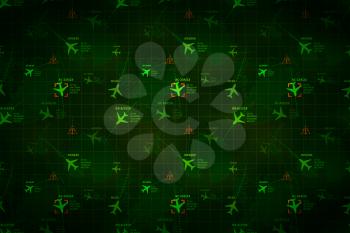 Green military radar with planes traces and target signs, wide detailed background