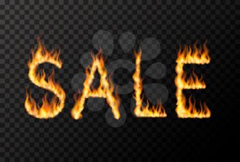 Hot SALE phrase made from bright realistic fire flames on transparent background