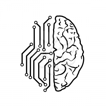 Human brain with electronic chip traces on left hemisphere, artificial intellect concept isolated on white