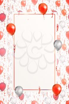 Lovely vertical background with bright red serpentine, confetti and balloons on white with blank banner template