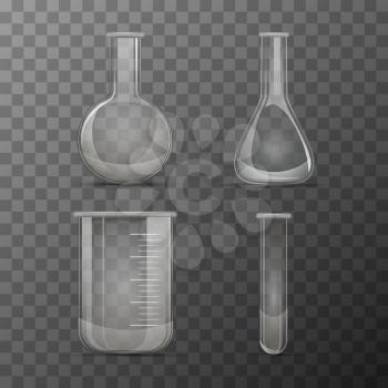 Set of different transparent vials and flasks for chemicals experiments