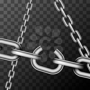 Weak link in glossy metallic chain on transparent background, conceptual illustration